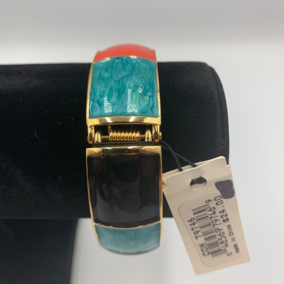 Erica Lyons Enamel Gold Tone Costume Hinged Bangle Bracelet Boho 80’s teal red - Picture 7 of 13